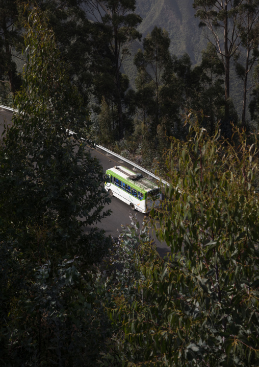 Public bus passing in a mountain road, Gurage Zone, Butajira, Ethiopia