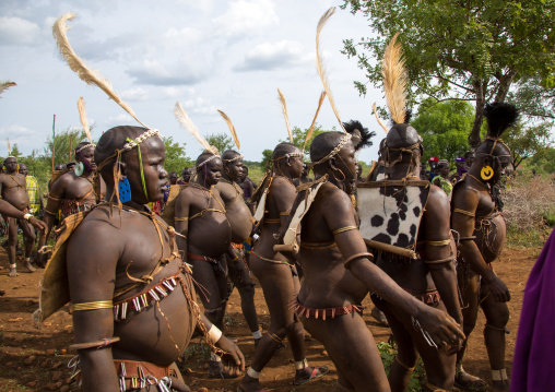 Bodi tribe fat men during Kael ceremony, Omo valley, Hana Mursi, Ethiopia