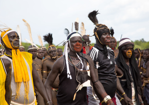 Bodi tribe fat men during Kael ceremony, Omo valley, Hana Mursi, Ethiopia