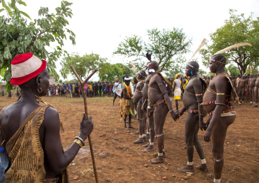 Bodi tribe fat men during Kael ceremony, Omo valley, Hana Mursi, Ethiopia