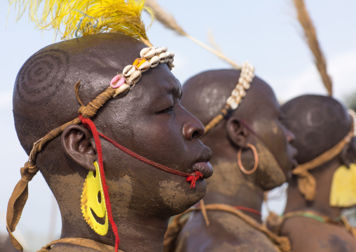 Bodi tribe fat men during Kael ceremony, Omo valley, Hana Mursi, Ethiopia