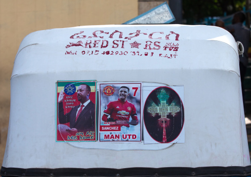 Decoration of a tuk tuk with abiy ahmed and alexis sanchez, Harari Region, Harar, Ethiopia