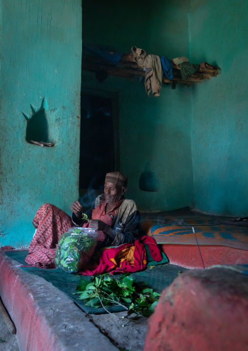 Harari man chewing khat inside an old house, Harari Region, Harar, Ethiopia