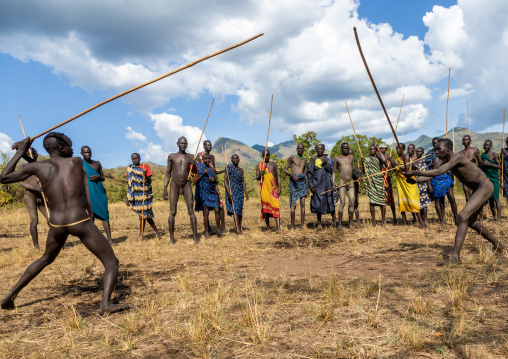 Suri tribe warriors fighting during a donga stick ritual, Omo valley, Kibish, Ethiopia