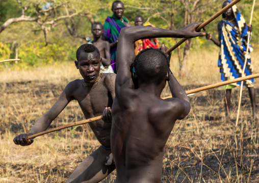 Suri tribe warriors fighting during a donga stick ritual, Omo valley, Kibish, Ethiopia