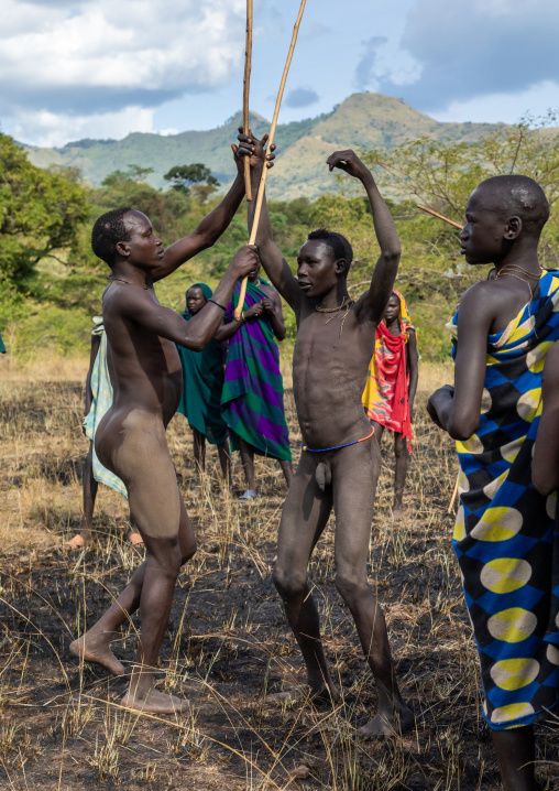 Suri tribe warriors fighting during a donga stick ritual, Omo valley, Kibish, Ethiopia