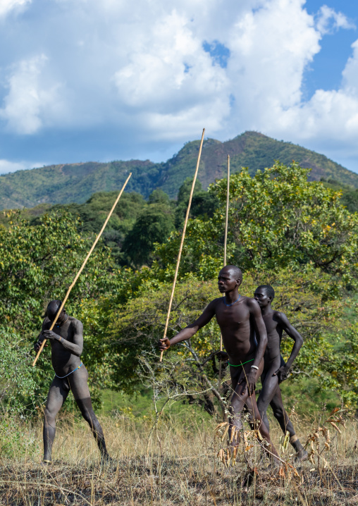 Suri tribe warriors parading before a donga stick fighting ritual, Omo valley, Kibish, Ethiopia