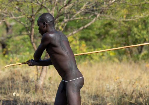 Suri tribe warriors fighting during a donga stick ritual, Omo valley, Kibish, Ethiopia