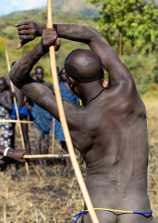 Suri tribe warriors fighting during a donga stick ritual, Omo valley, Kibish, Ethiopia