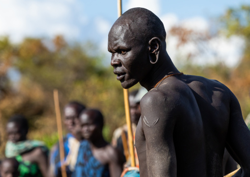 Suri tribe warrior during a donga stick fighting ritual, Omo valley, Kibish, Ethiopia