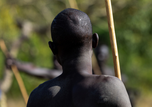 Suri tribe warrior during a donga stick fighting ritual, Omo valley, Kibish, Ethiopia