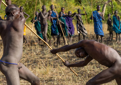 Suri tribe warriors fighting during a donga stick ritual, Omo valley, Kibish, Ethiopia