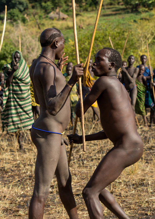 Suri tribe warriors fighting during a donga stick ritual, Omo valley, Kibish, Ethiopia