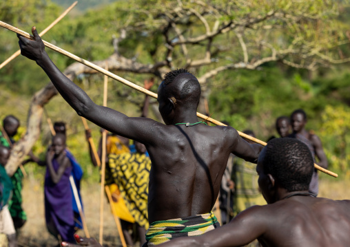 Suri tribe warriors fighting during a donga stick ritual, Omo valley, Kibish, Ethiopia