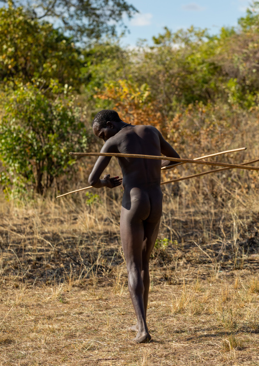 Suri tribe warrior dancing during a donga stick fighting ritual, Omo valley, Kibish, Ethiopia