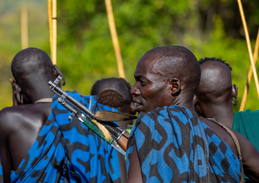 Suri tribe warriors during a donga stick fighting ritual, Omo valley, Kibish, Ethiopia