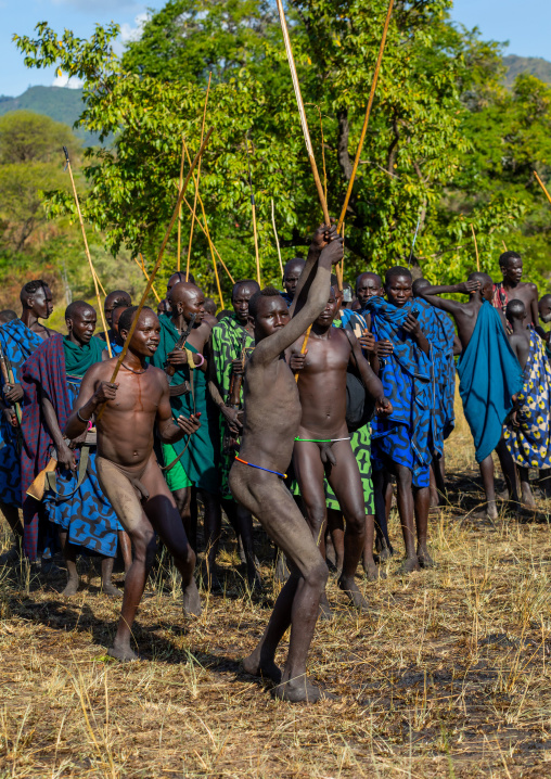 Suri tribe warriors parading before a donga stick fighting ritual, Omo valley, Kibish, Ethiopia