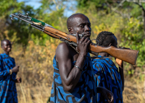 Suri tribe warriors during a donga stick fighting ritual, Omo valley, Kibish, Ethiopia