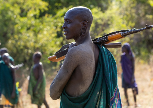 Suri tribe warriors during a donga stick fighting ritual, Omo valley, Kibish, Ethiopia