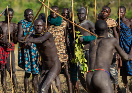 Suri tribe warriors fighting during a donga stick ritual, Omo valley, Kibish, Ethiopia