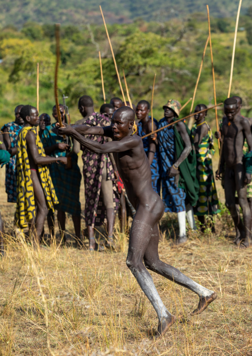 Suri tribe warriors fighting during a donga stick ritual, Omo valley, Kibish, Ethiopia