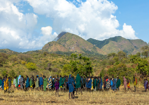 Suri tribe warriors during a donga stick fighting ritual, Omo valley, Kibish, Ethiopia