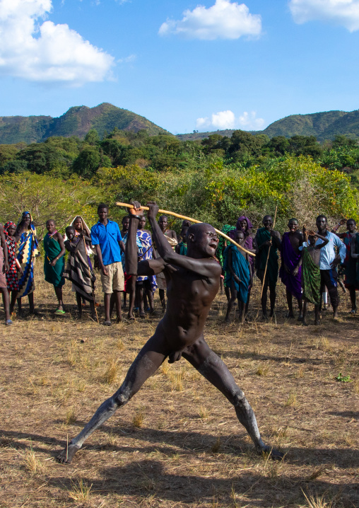 Suri tribe warriors fighting during a donga stick ritual, Omo valley, Kibish, Ethiopia