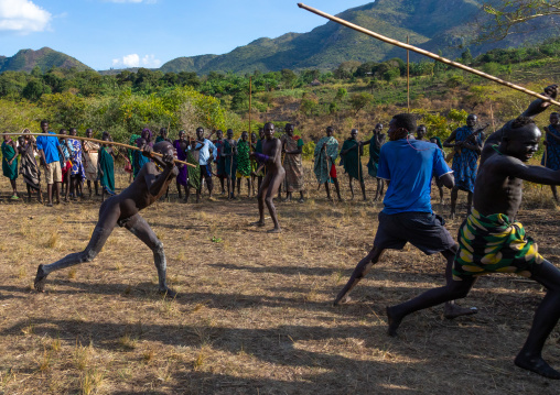 Suri tribe warriors fighting during a donga stick ritual, Omo valley, Kibish, Ethiopia