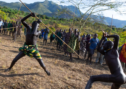 Suri tribe warriors fighting during a donga stick ritual, Omo valley, Kibish, Ethiopia