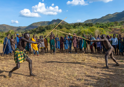 Suri tribe warriors fighting during a donga stick ritual, Omo valley, Kibish, Ethiopia