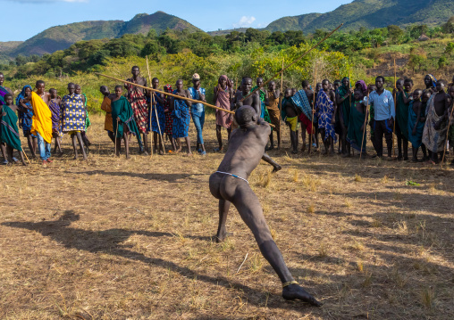 Suri tribe warriors fighting during a donga stick ritual, Omo valley, Kibish, Ethiopia