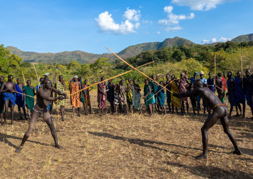 Suri tribe warriors fighting during a donga stick ritual, Omo valley, Kibish, Ethiopia