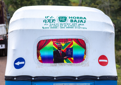 Decoration of a tuk tuk with ethiopian prime minister abiy ahmed, Kaffa Province, Kaffa, Ethiopia