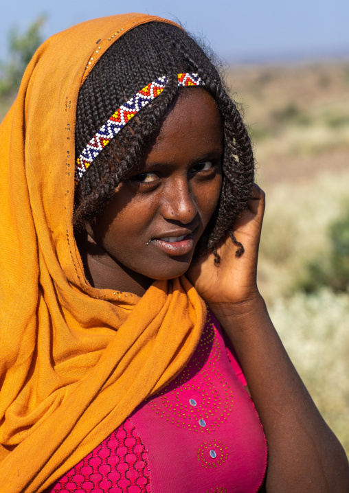 Portrait of an afar tribe girl with braided hair, Afar region, Mile, Ethiopia