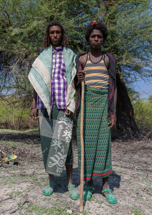 Afar tribe men with hairstyles showing their marital status, Afar region, Semera, Ethiopia