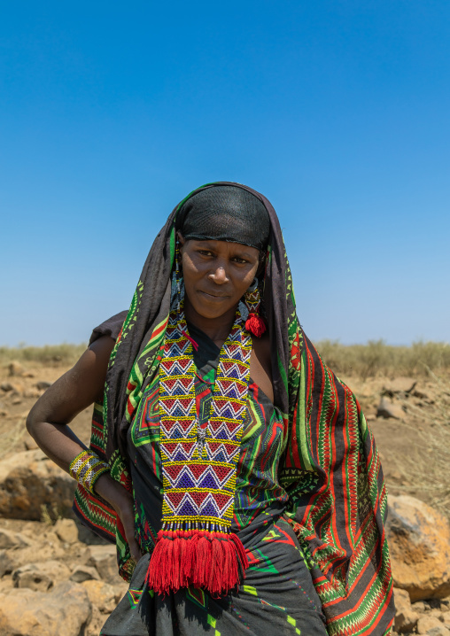 Portrait of an issa tribe woman with a beaded necklace, Afar Region, Gewane, Ethiopia