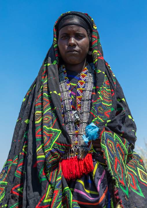 Portrait of an issa tribe woman with a beaded necklace, Afar Region, Gewane, Ethiopia