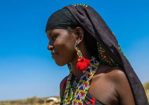 Portrait of an issa tribe woman with a beaded necklace, Afar Region, Gewane, Ethiopia