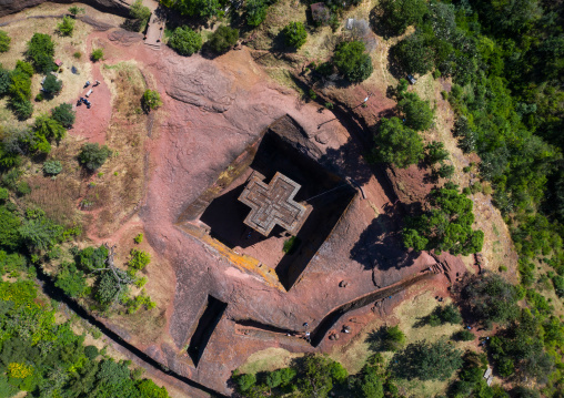 Aerial view of the monolithic rock-cut church of bete giyorgis, Amhara Region, Lalibela, Ethiopia