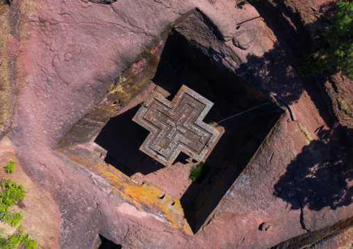 Aerial view of the monolithic rock-cut church of bete giyorgis, Amhara Region, Lalibela, Ethiopia