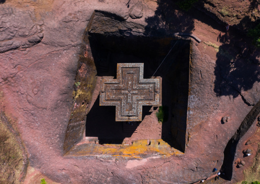 Aerial view of the monolithic rock-cut church of bete giyorgis, Amhara Region, Lalibela, Ethiopia