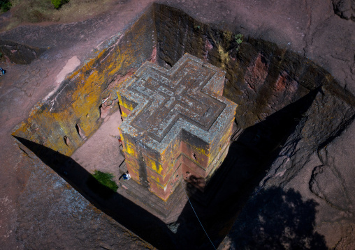 Aerial view of the monolithic rock-cut church of bete giyorgis, Amhara Region, Lalibela, Ethiopia