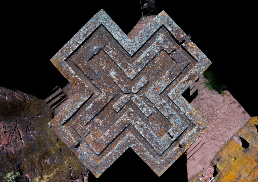 Aerial view of the monolithic rock-cut church of bete giyorgis, Amhara Region, Lalibela, Ethiopia