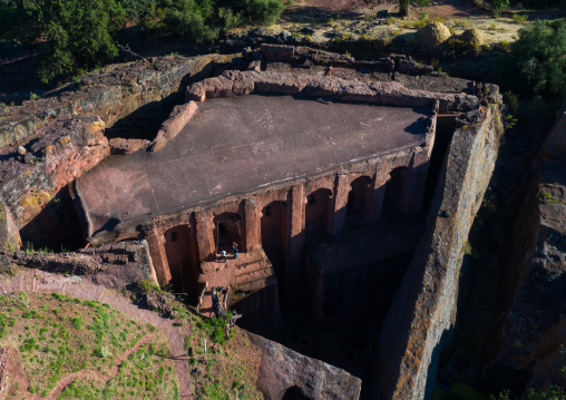 Aerial view of bete gabriel rafael twin church, Amhara Region, Lalibela, Ethiopia