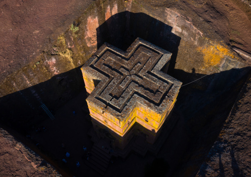 Aerial view of the monolithic rock-cut church of bete giyorgis, Amhara Region, Lalibela, Ethiopia