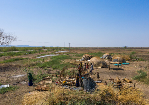 Aerial view of afar people building a hut, Afar Region, Afambo, Ethiopia