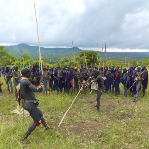 Suri tribe warriors fighting during a donga stick ritual, Omo valley, Tulgit, Ethiopia