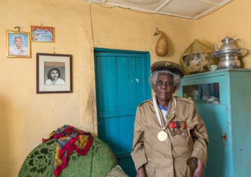 Ethiopian veteran woman from the italo-ethiopian war in army uniform, Addis Ababa Region, Addis Ababa, Ethiopia