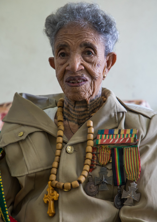 Ethiopian veteran woman from the italo-ethiopian war in army uniform, Addis Ababa Region, Addis Ababa, Ethiopia