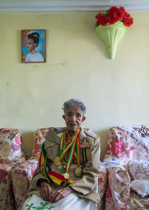 Ethiopian veteran woman from the italo-ethiopian war in army uniform, Addis Ababa Region, Addis Ababa, Ethiopia